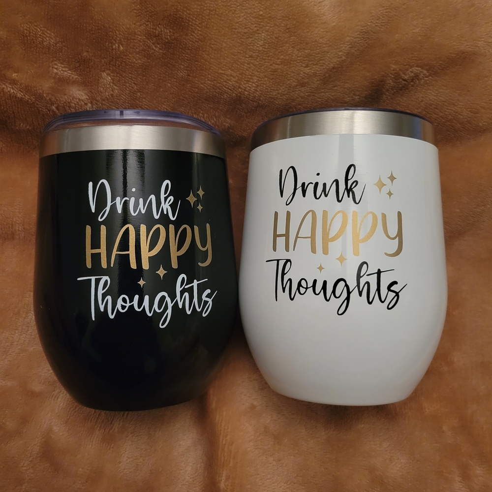 His & Hers Black and White Insulated Tumblers - Drink Happy Thoughts